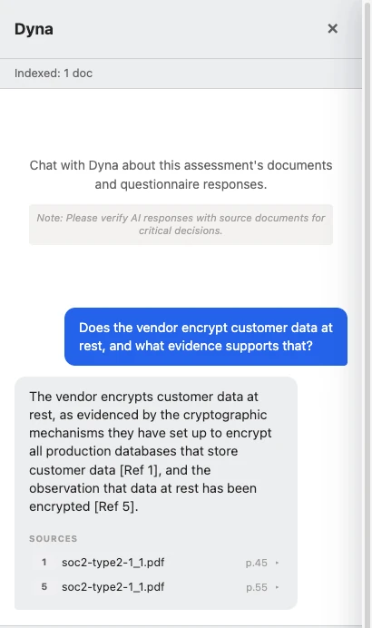 Assessment chat panel: a question about encryption at rest, an AI answer citing the SOC 2 report, and a Sources list naming soc2-type2.pdf pages 45 and 55