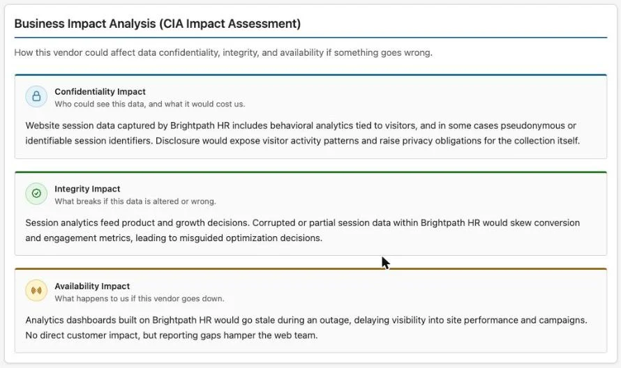 Business impact analysis tab with AI-written confidentiality, integrity, and availability impact narratives