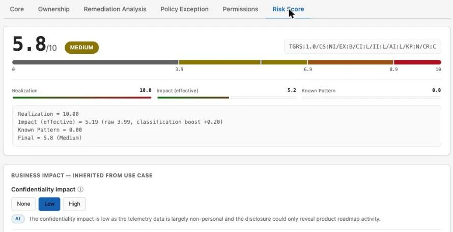 Issue Risk Score tab: a 5.8 out of 10 Medium score with a scale bar, realization, impact and known-pattern factors, the arithmetic behind the number, and an AI rationale for each business-impact rating
