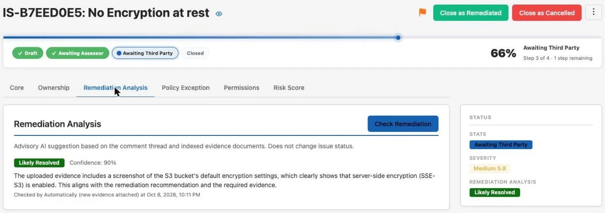 Issue Remediation Analysis tab: an advisory AI verdict of Likely Resolved at 90 percent confidence, with reasoning citing the uploaded S3 encryption screenshot, and a Check Remediation button