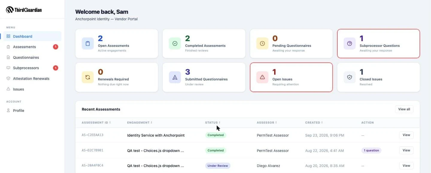 Vendor portal dashboard: open and completed assessments, pending questionnaires, subprocessor questions, open issues, and recent assessments