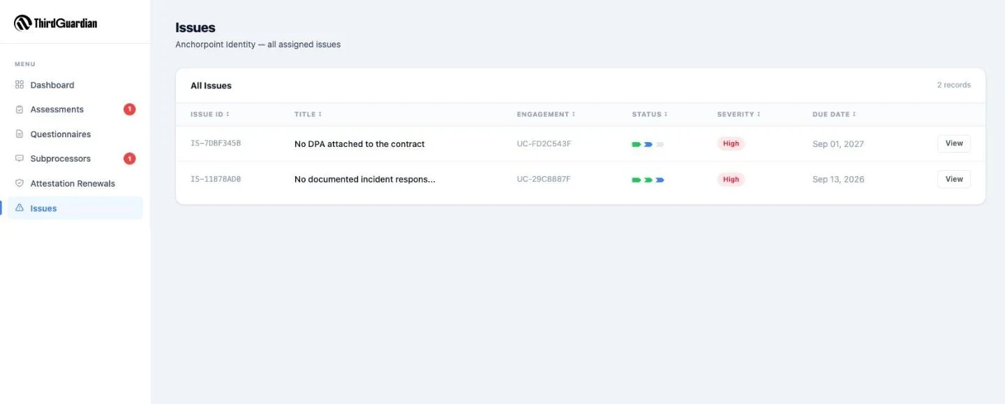 Vendor portal issues list: every finding assigned to the vendor with progress, severity, and due date