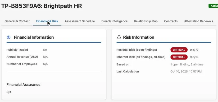 Vendor detail page, Financial & Risk tab: critical residual and inherent risk of 9.5 out of 10, and the open and all-time findings they are based on